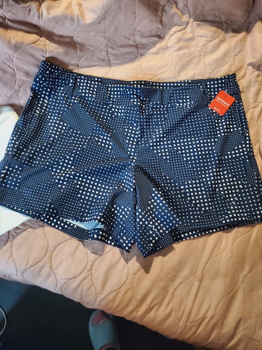 SPANX Navy Blue Polka Dot Stretch Shorts